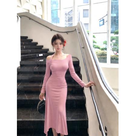 FA52687# 新款性感一字肩不规则收腰显瘦连衣裙  服裝批發女裝批發服飾貨源