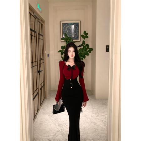 FA52688# 秋装新款喇叭袖打底上衣+绑带连衣裙套装  服裝批發女裝批發服飾貨源