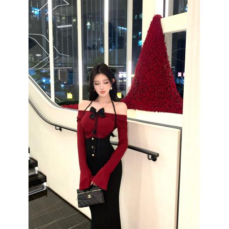 FA52688# 秋装新款喇叭袖打底上衣+绑带连衣裙套装  服裝批發女裝批發服飾貨源