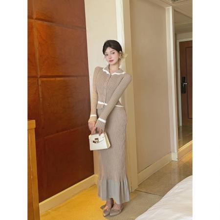 FA52689# 独特漂亮绝美针织连衣裙女法式娃娃领修身包臀长裙两件套  服裝批發女裝批發服飾貨源