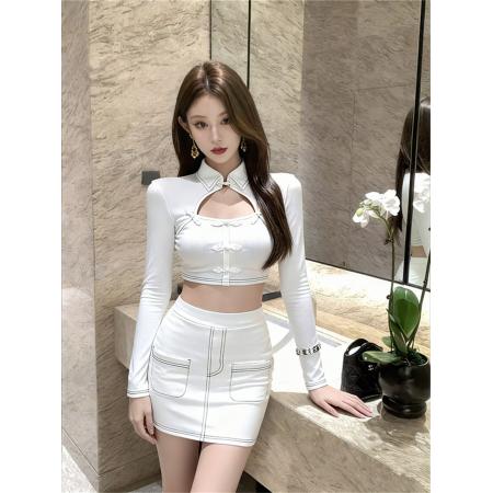 FA52692# 时尚复古镂空旗袍上衣+高腰包臀短裙套装  服裝批發女裝批發服飾貨源