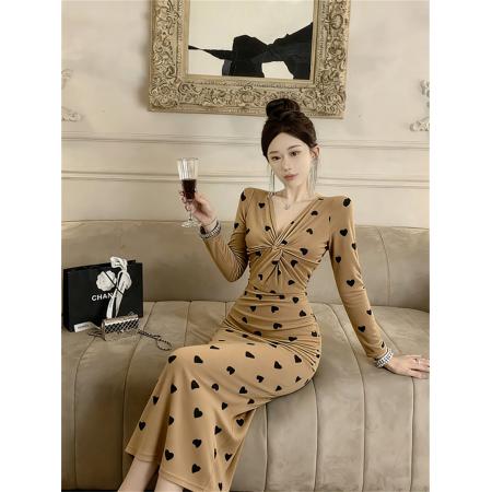 FA52694# 时尚性感扭扭V领桃心收腰显瘦包臀连衣长裙  服裝批發女裝批發服飾貨源