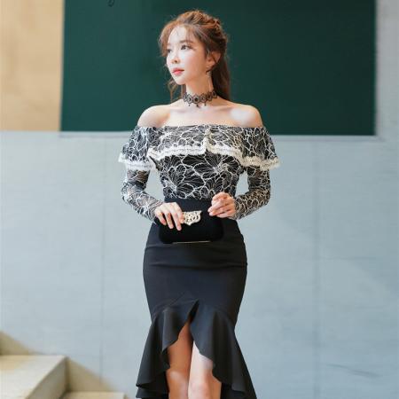 FA52695# 新款露肩蕾丝连衣裙女荷叶边长袖性感鱼尾包臀裙气质修身裙  服裝批發女裝批發服飾貨源