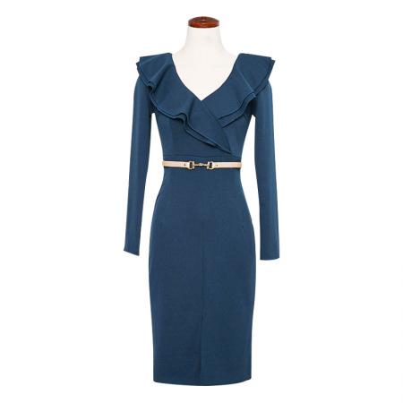 FA52696# 新款深蓝色V领荷叶边连衣裙女长袖收腰显瘦开叉包臀裙修身  服裝批發女裝批發服飾貨源