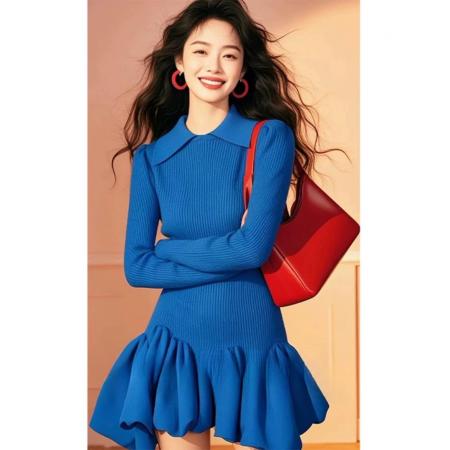 FA52705# 今年流行漂亮女装春款miu里miu气穿搭深蓝色不规则下摆针织连衣裙  服裝批發女裝批發服飾貨源