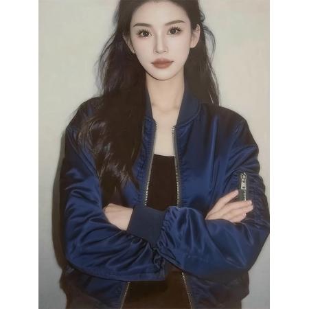 FA52706# 今年流行藏蓝色棒球服外套女秋季新款独特超好看夹克拉链上衣  服裝批發女裝批發服飾貨源