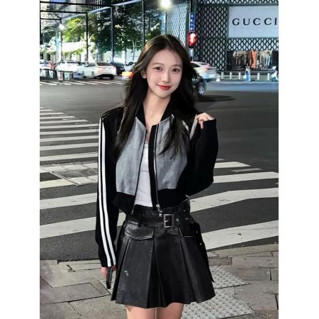 FA52711# 小个子独特超好看黑色拼接牛仔外套韩系又酷又飒的夹克上衣女春秋  服裝批發女裝批發服飾貨源