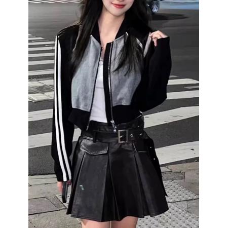 FA52711# 小个子独特超好看黑色拼接牛仔外套韩系又酷又飒的夹克上衣女春秋  服裝批發女裝批發服飾貨源