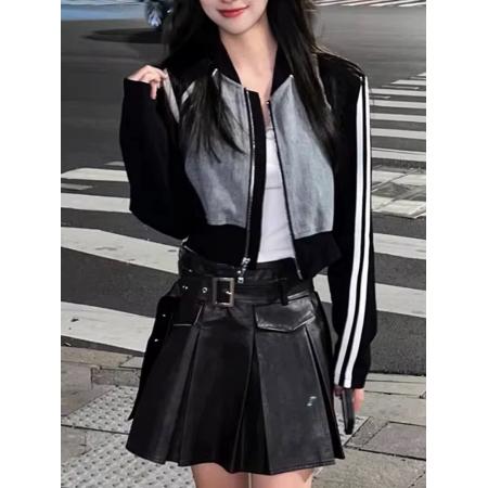 FA52711# 小个子独特超好看黑色拼接牛仔外套韩系又酷又飒的夹克上衣女春秋  服裝批發女裝批發服飾貨源