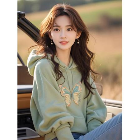 FA52712# 今年流行爆款潮牌高级感超好看绿色连帽蝴蝶卫衣女装新款秋季  服裝批發女裝批發服飾貨源