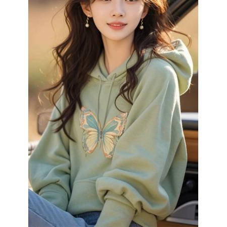 FA52712# 今年流行爆款潮牌高级感超好看绿色连帽蝴蝶卫衣女装新款秋季  服裝批發女裝批發服飾貨源
