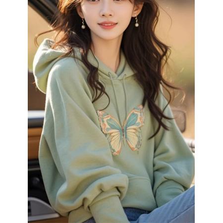FA52712# 今年流行爆款潮牌高级感超好看绿色连帽蝴蝶卫衣女装新款秋季  服裝批發女裝批發服飾貨源