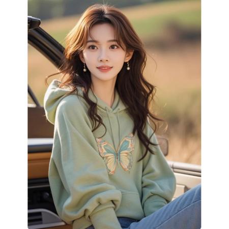 FA52712# 今年流行爆款潮牌高级感超好看绿色连帽蝴蝶卫衣女装新款秋季  服裝批發女裝批發服飾貨源