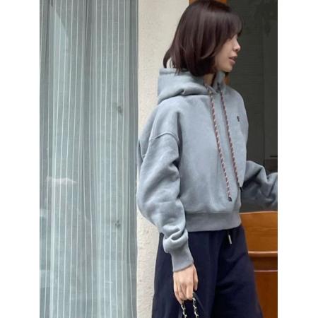 FA52714# 灰色抽绳连帽卫衣外套女冬季韩系慵懒风宽松加绒加厚帽衫短款上衣  服裝批發女裝批發服飾貨源