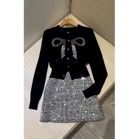 FA52715# 今年流行漂亮洋气减龄高级感黑色蝴蝶结毛衣亮片半身裙套装女冬季  服裝批發女裝批發服飾貨源