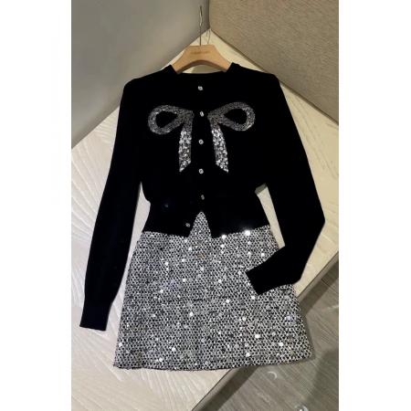 FA52715# 今年流行漂亮洋气减龄高级感黑色蝴蝶结毛衣亮片半身裙套装女冬季  服裝批發女裝批發服飾貨源