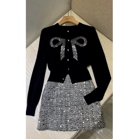 FA52715# 今年流行漂亮洋气减龄高级感黑色蝴蝶结毛衣亮片半身裙套装女冬季  服裝批發女裝批發服飾貨源