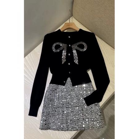 FA52715# 今年流行漂亮洋气减龄高级感黑色蝴蝶结毛衣亮片半身裙套装女冬季  服裝批發女裝批發服飾貨源