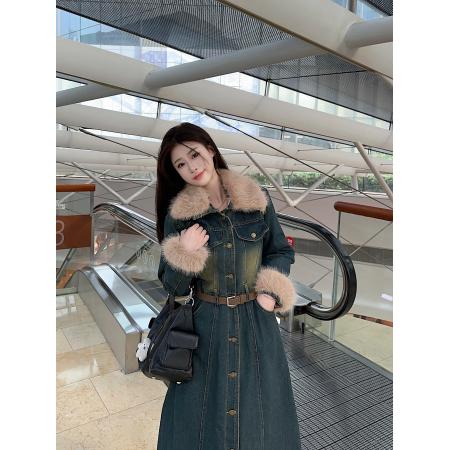 FA52719# 冬季美德拉复古毛领牛仔连衣裙气质收腰显瘦单排扣长裙  服裝批發女裝批發服飾貨源