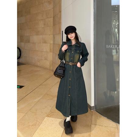 FA52719# 冬季美德拉复古毛领牛仔连衣裙气质收腰显瘦单排扣长裙  服裝批發女裝批發服飾貨源