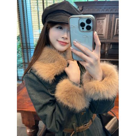 FA52719# 冬季美德拉复古毛领牛仔连衣裙气质收腰显瘦单排扣长裙  服裝批發女裝批發服飾貨源