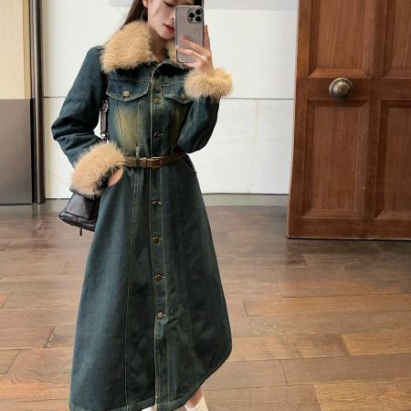 FA52719# 冬季美德拉复古毛领牛仔连衣裙气质收腰显瘦单排扣长裙  服裝批發女裝批發服飾貨源