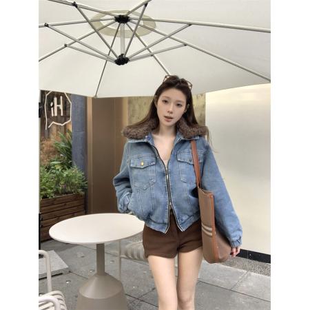 FA52721# 复古水洗短款毛领拼接牛仔外套夹棉双拉链设计夹克上衣  服裝批發女裝批發服飾貨源