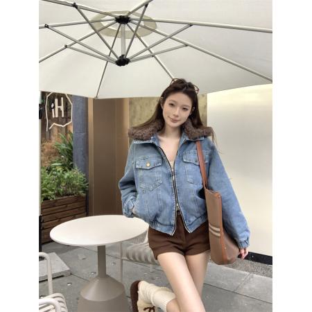 FA52721# 复古水洗短款毛领拼接牛仔外套夹棉双拉链设计夹克上衣  服裝批發女裝批發服飾貨源