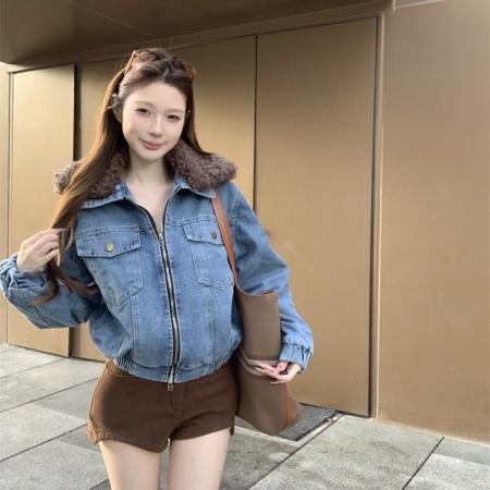 FA52721# 复古水洗短款毛领拼接牛仔外套夹棉双拉链设计夹克上衣  服裝批發女裝批發服飾貨源