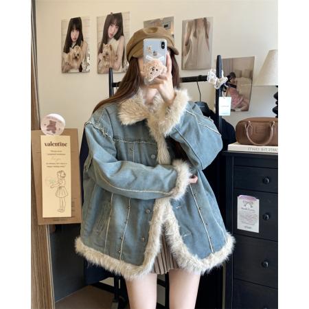 FA52722# 美式复古毛绒牛仔外套女冬季新款洗水拼接毛领夹棉上衣  服裝批發女裝批發服飾貨源