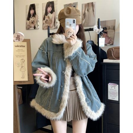 FA52722# 美式复古毛绒牛仔外套女冬季新款洗水拼接毛领夹棉上衣  服裝批發女裝批發服飾貨源