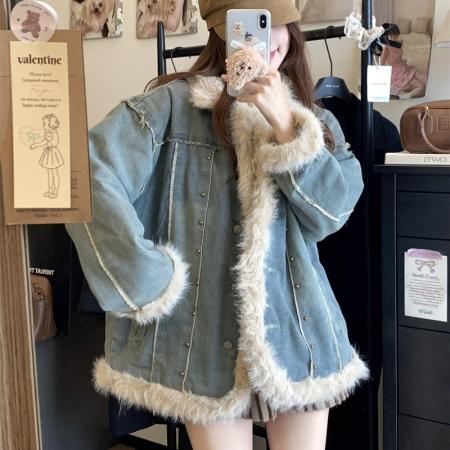FA52722# 美式复古毛绒牛仔外套女冬季新款洗水拼接毛领夹棉上衣  服裝批發女裝批發服飾貨源