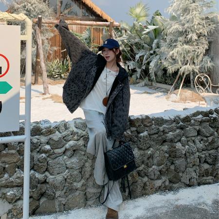 FA52723# 复古豹纹加绒加厚连帽牛仔外套冬休闲慵懒风羊羔毛夹克  服裝批發女裝批發服飾貨源