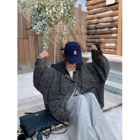 FA52723# 复古豹纹加绒加厚连帽牛仔外套冬休闲慵懒风羊羔毛夹克  服裝批發女裝批發服飾貨源