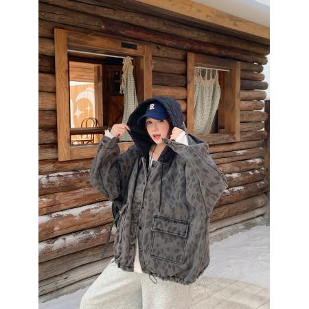 FA52723# 复古豹纹加绒加厚连帽牛仔外套冬休闲慵懒风羊羔毛夹克  服裝批發女裝批發服飾貨源
