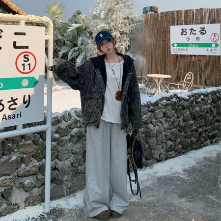 FA52723# 复古豹纹加绒加厚连帽牛仔外套冬休闲慵懒风羊羔毛夹克  服裝批發女裝批發服飾貨源