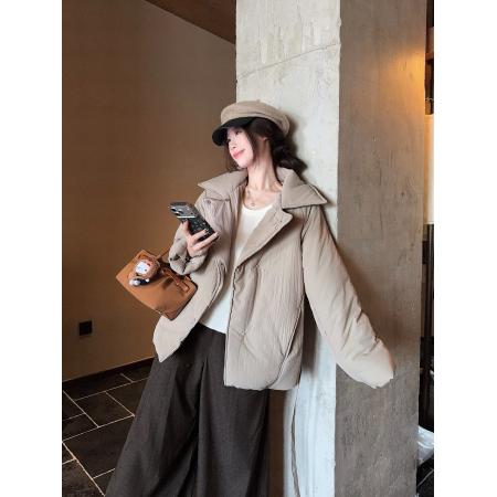 FA52724# 奶茶灰私服保暖外套女冬季小众设计感绑带蓬松慵懒显瘦  服裝批發女裝批發服飾貨源