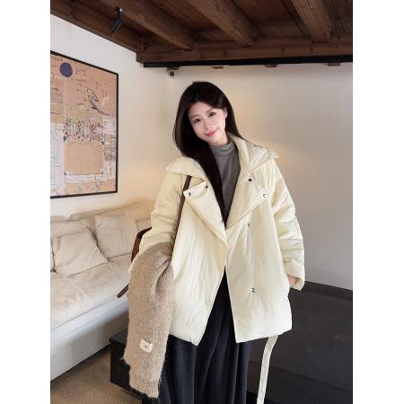 FA52724# 奶茶灰私服保暖外套女冬季小众设计感绑带蓬松慵懒显瘦  服裝批發女裝批發服飾貨源