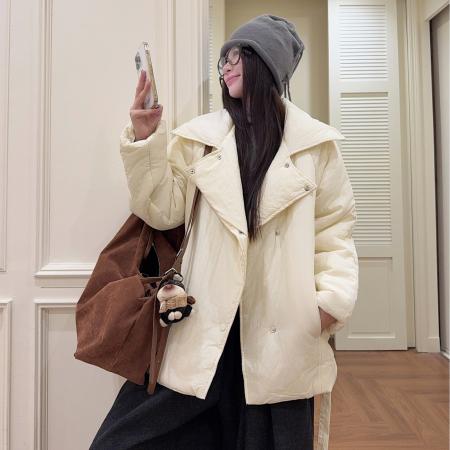 FA52724# 奶茶灰私服保暖外套女冬季小众设计感绑带蓬松慵懒显瘦  服裝批發女裝批發服飾貨源