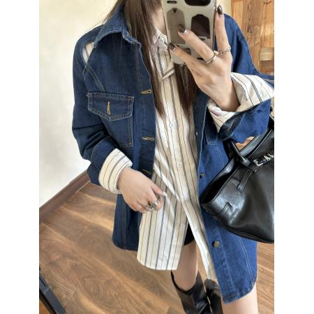 FA52727# 复古时尚套装女神秋冬牛仔外套内搭长袖条纹衬衫两件套  服裝批發女裝批發服飾貨源