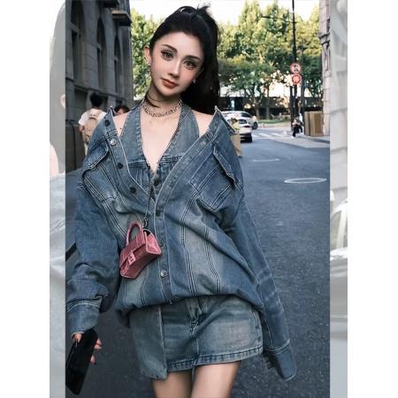 FA52728# 韩国东大门时尚牛仔套装女春季新款设计感宽松假两件上衣短裙  服裝批發女裝批發服飾貨源