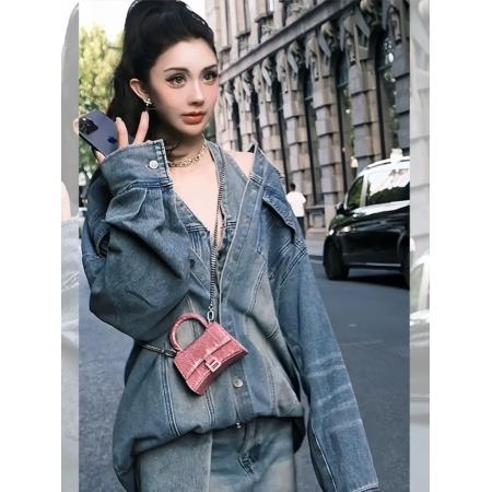 FA52728# 韩国东大门时尚牛仔套装女春季新款设计感宽松假两件上衣短裙  服裝批發女裝批發服飾貨源