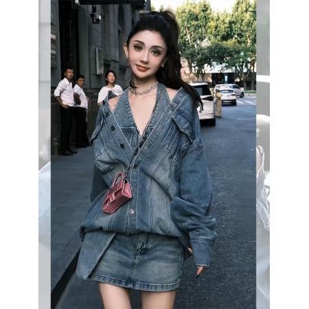 FA52728# 韩国东大门时尚牛仔套装女春季新款设计感宽松假两件上衣短裙  服裝批發女裝批發服飾貨源