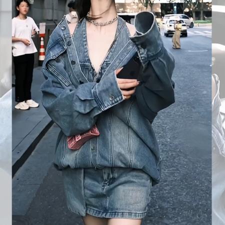 FA52728# 韩国东大门时尚牛仔套装女春季新款设计感宽松假两件上衣短裙  服裝批發女裝批發服飾貨源