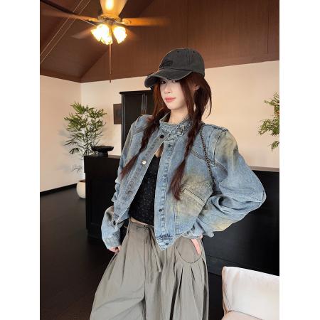 FA52729# 早秋新款小众设计美式复古做旧风涂鸦漆宽松牛仔外套  服裝批發女裝批發服飾貨源