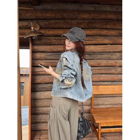 FA52729# 早秋新款小众设计美式复古做旧风涂鸦漆宽松牛仔外套  服裝批發女裝批發服飾貨源