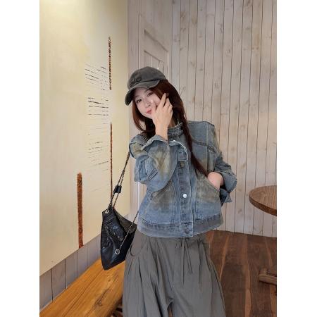 FA52729# 早秋新款小众设计美式复古做旧风涂鸦漆宽松牛仔外套  服裝批發女裝批發服飾貨源