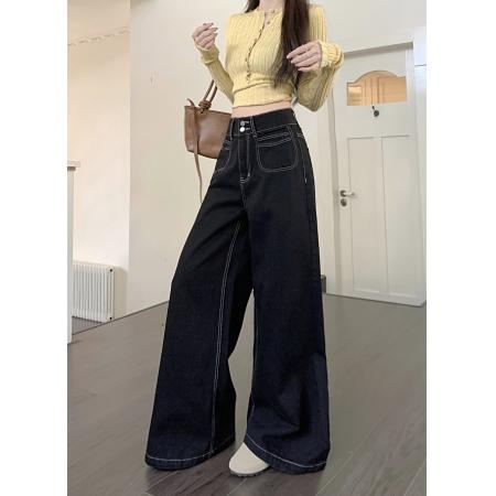 FA52730# 黑色阔腿牛仔裤女新款高腰高级感宽松直筒裤子  服裝批發女裝批發服飾貨源