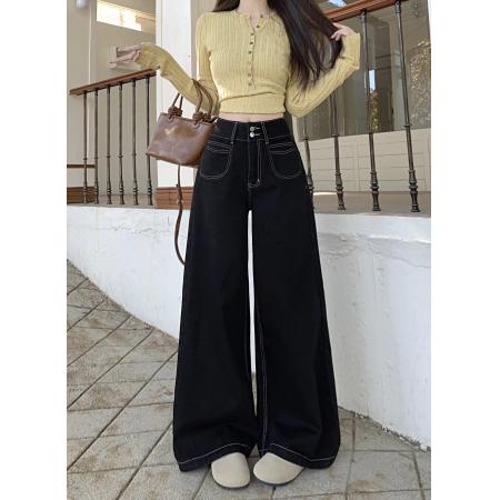 FA52730# 黑色阔腿牛仔裤女新款高腰高级感宽松直筒裤子  服裝批發女裝批發服飾貨源