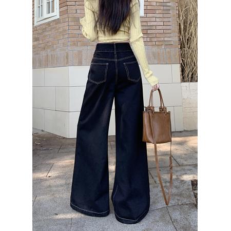 FA52730# 黑色阔腿牛仔裤女新款高腰高级感宽松直筒裤子  服裝批發女裝批發服飾貨源